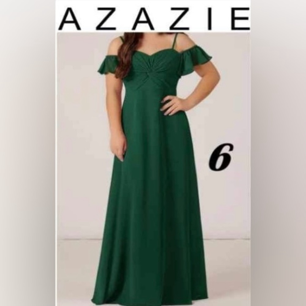 🩷 Azazie Juna, Junior Bridesmaid Chiffon Floor-Length Dress -Dark Green. Size:J6